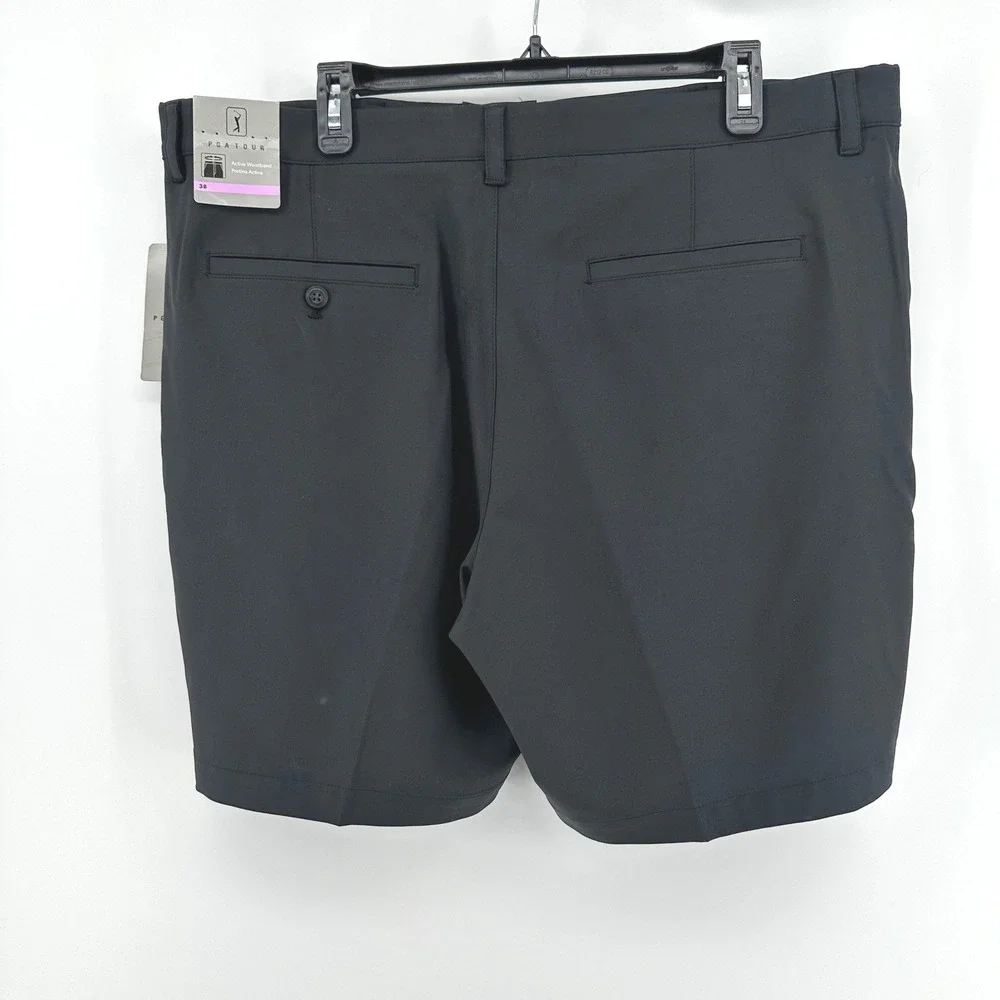 PGA Tour Golf Shorts Men 38 Black Solid Flat Front Active Waistband UPF 50 New